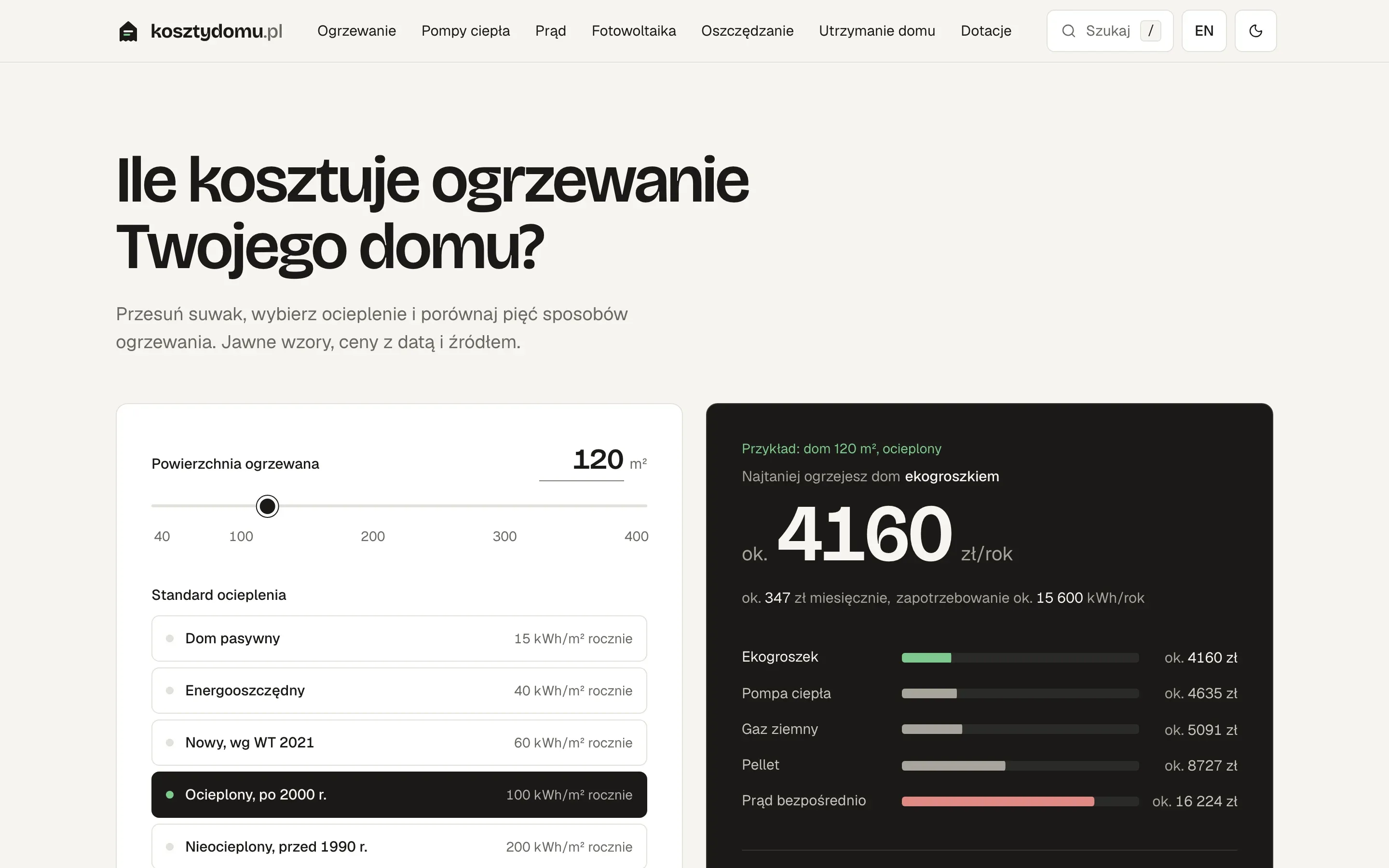 The kosztydomu.pl home page with the heating calculator on a desktop screen