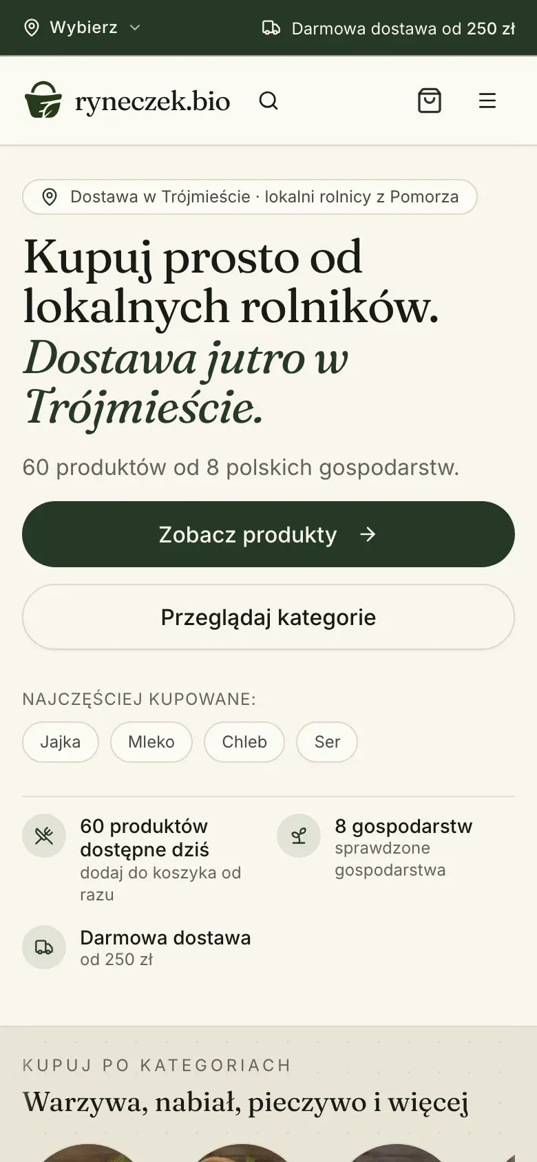 ryneczek.bio home page on a phone with the product search