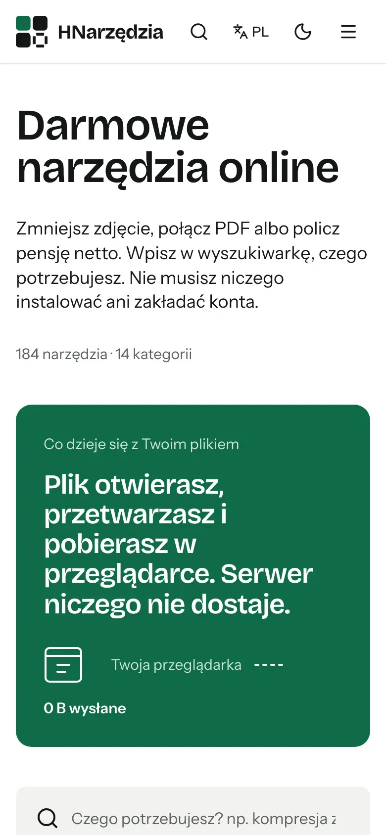 hnarzedzia.pl home page on a phone with tool categories