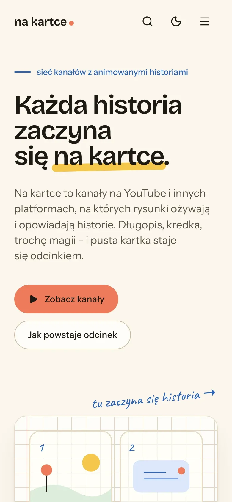 nakartce.pl home page on a phone introducing the channels
