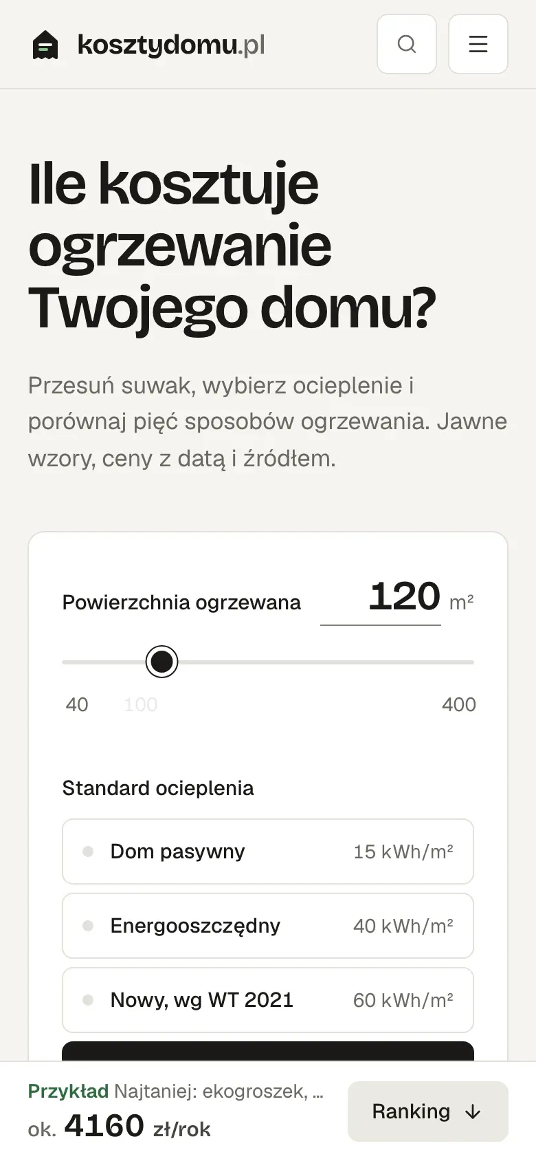 kosztydomu.pl home page on a phone comparing heating methods